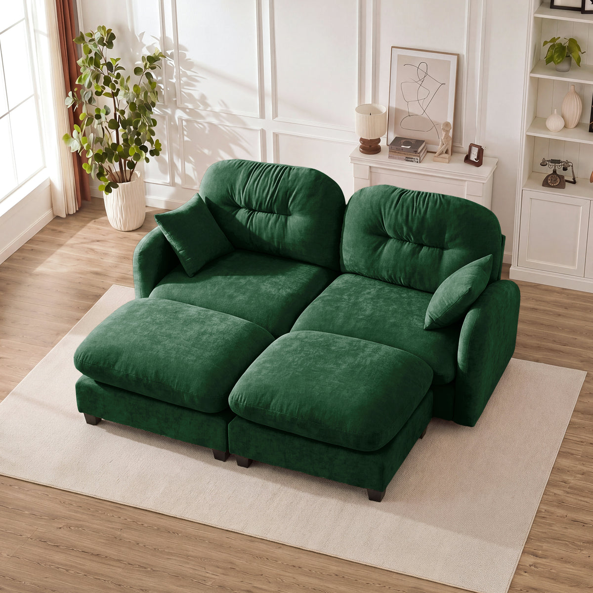 Green Chenille Sectional Couch with 2 Ottomans