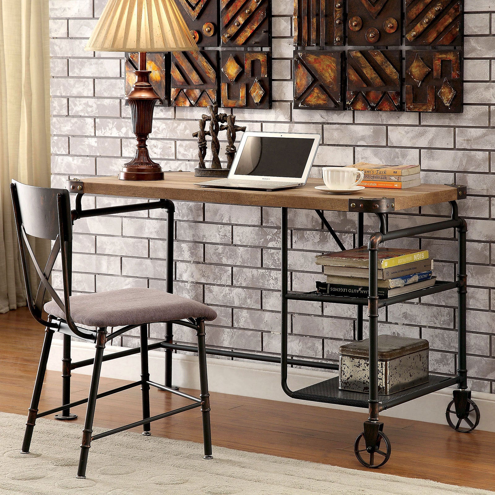 Rolling Industrial Computer Desk, 47.3 in, Black