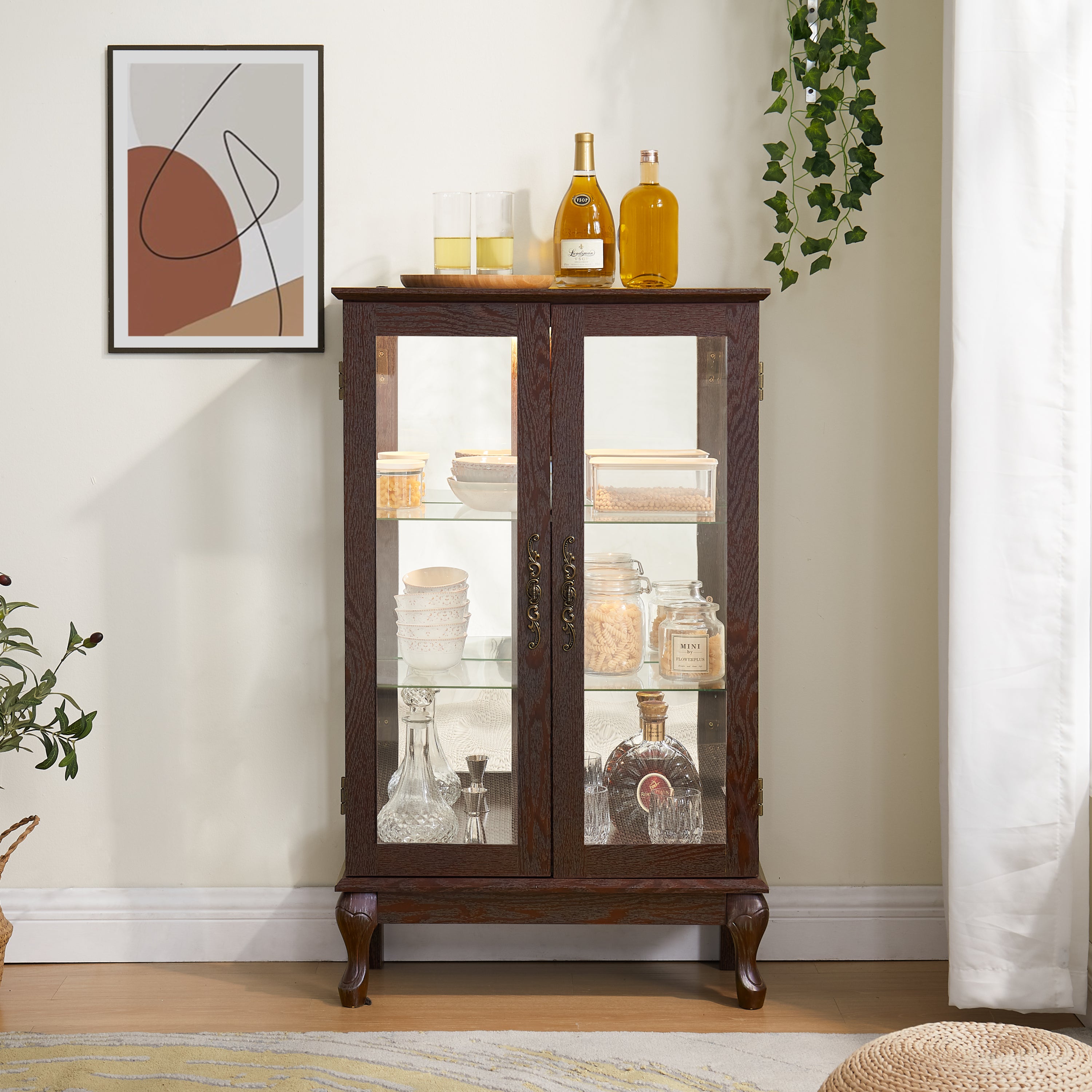 2-Door Glass Display Cabinet, Cherry, Lighted Mirrored Back