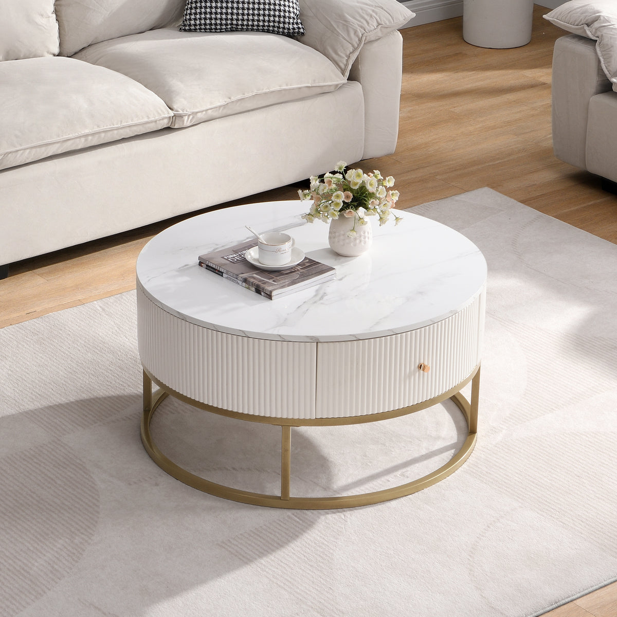 White Round Coffee Table with Storage, 31.5 in, Marble Look