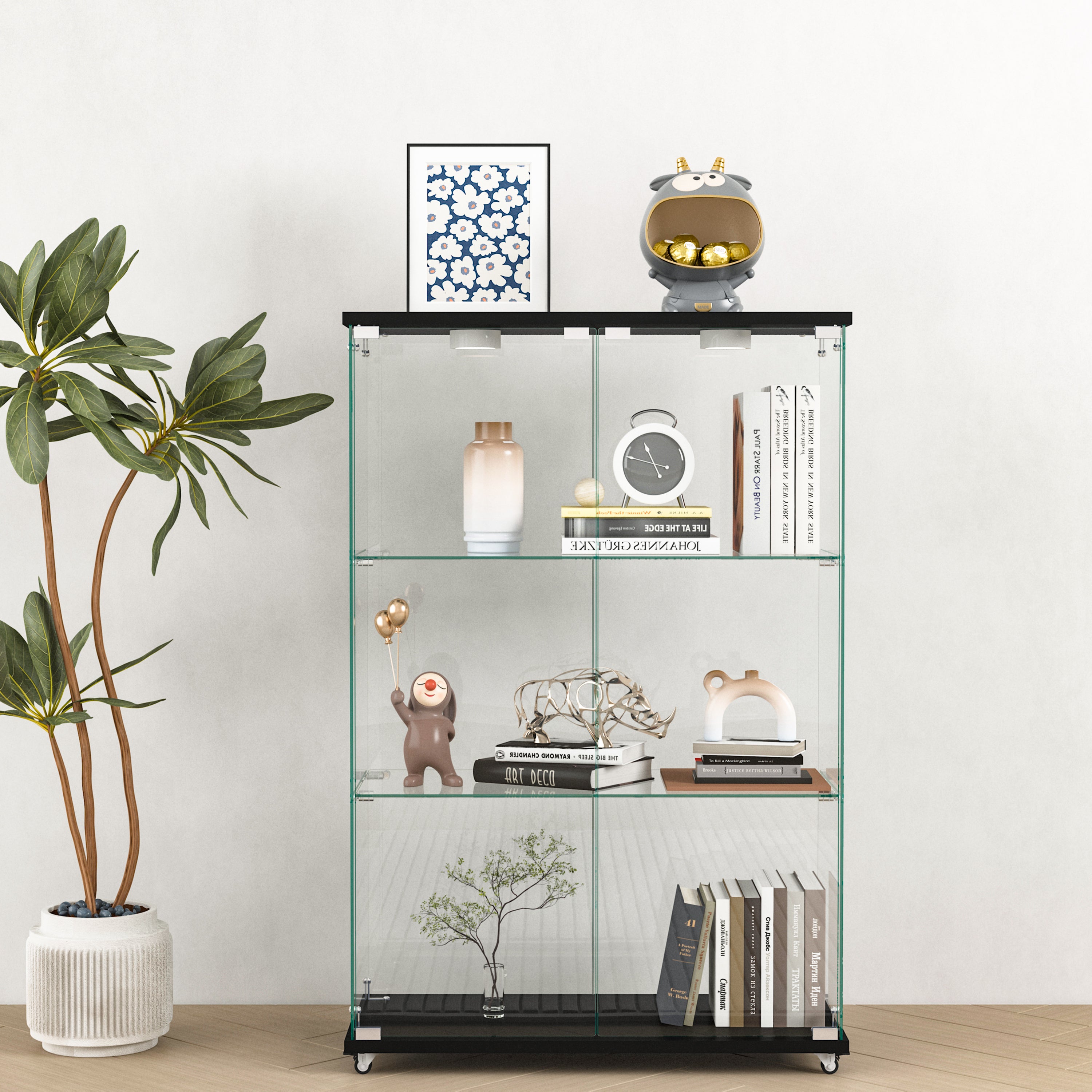 Modern Bookcase with Doors and LED Lighting, 32.1 in, 47.9 in Tall