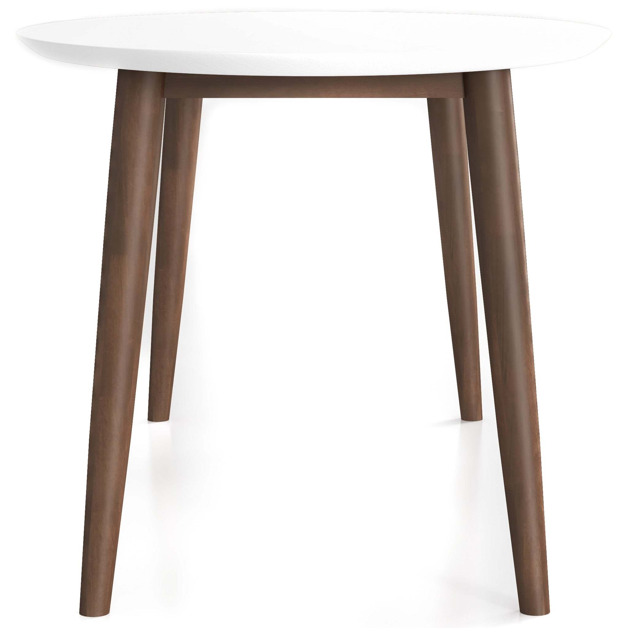 White-top oval dining table, end-on view showing the walnut legs, white studio