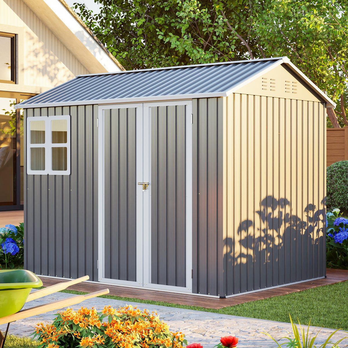 6x8 ft Gray Metal Storage Shed with Window, Sloped Roof