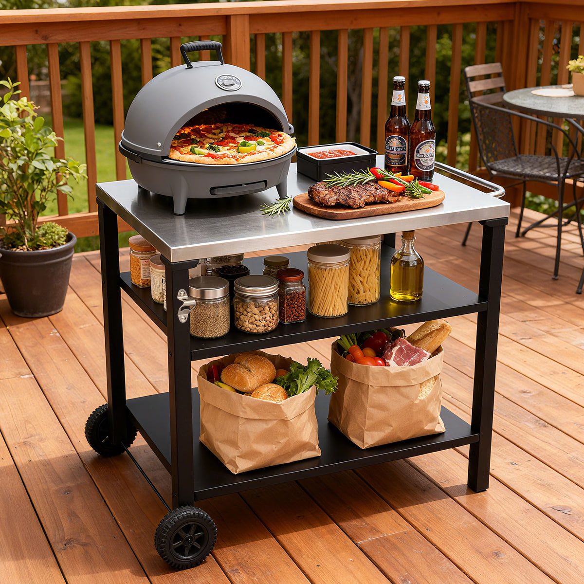 Black White Metal Grill Cart with Wheels, 30.7 in Tall
