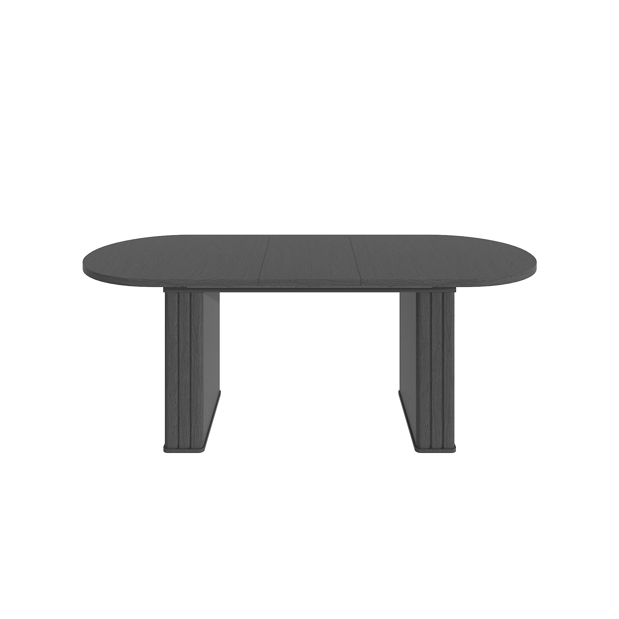Studio front view of the black oval extendable dining table on a plain white background