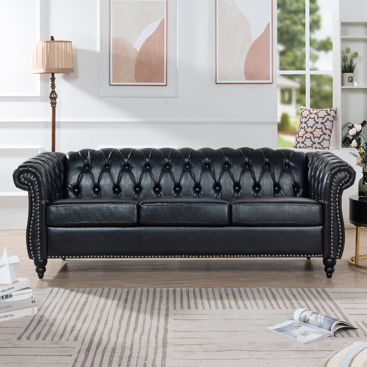 Black Vegan Leather 3-Seat Chesterfield Sofa, 84.7 in Wide