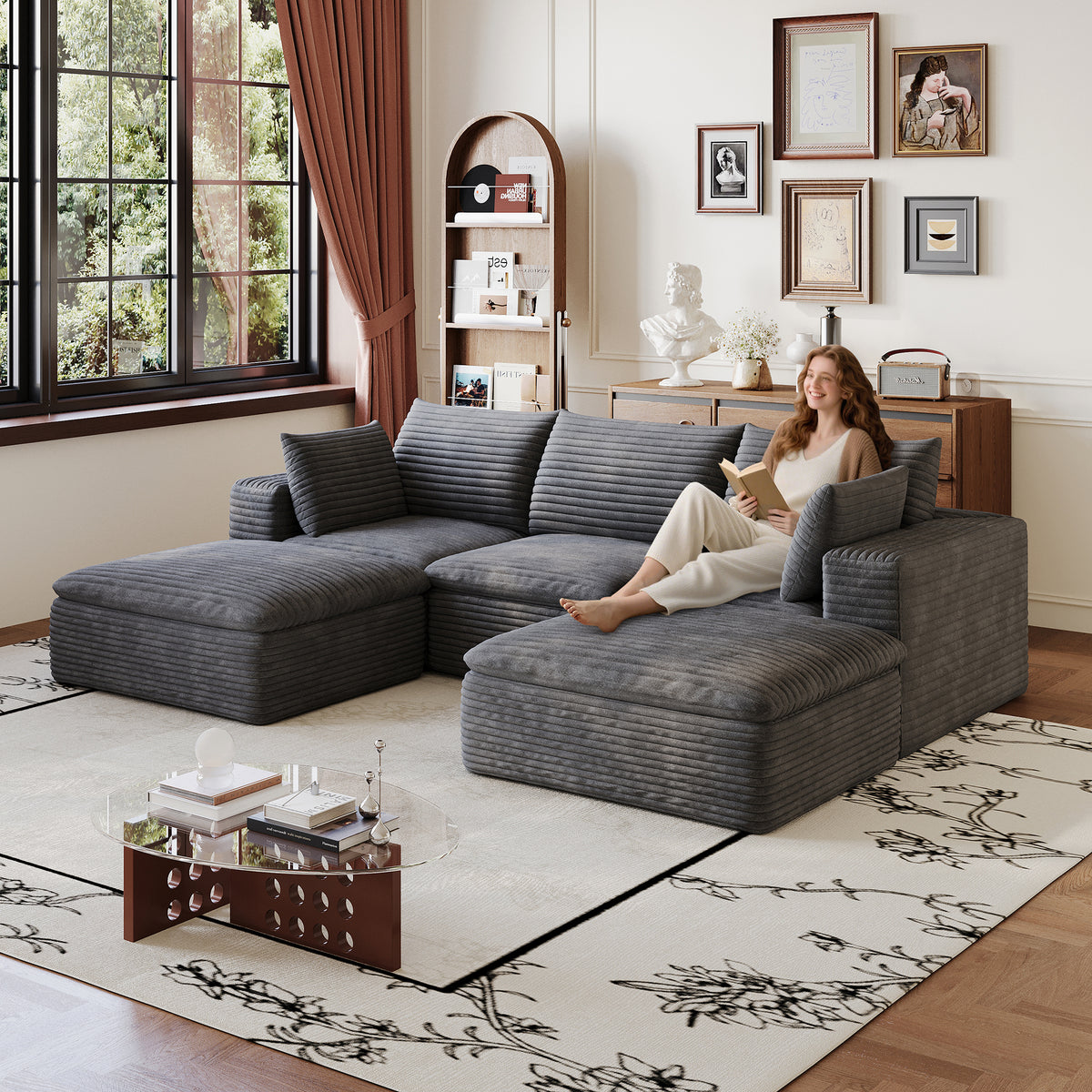 Dark Gray Corduroy Modular 5-Seat Couch, No Assembly