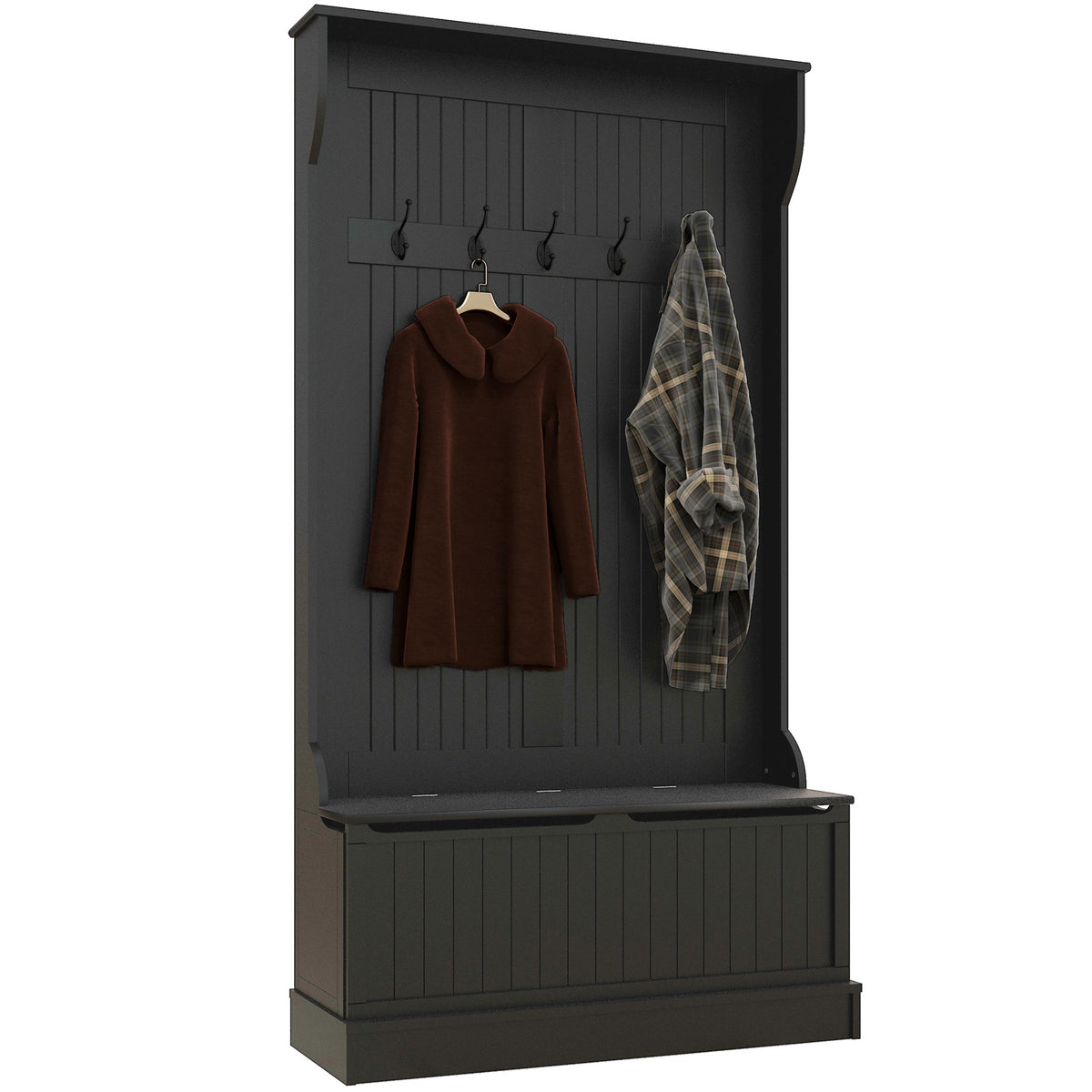 Black Hall Tree with Bench and Shoe Storage, 37.8 in Wide