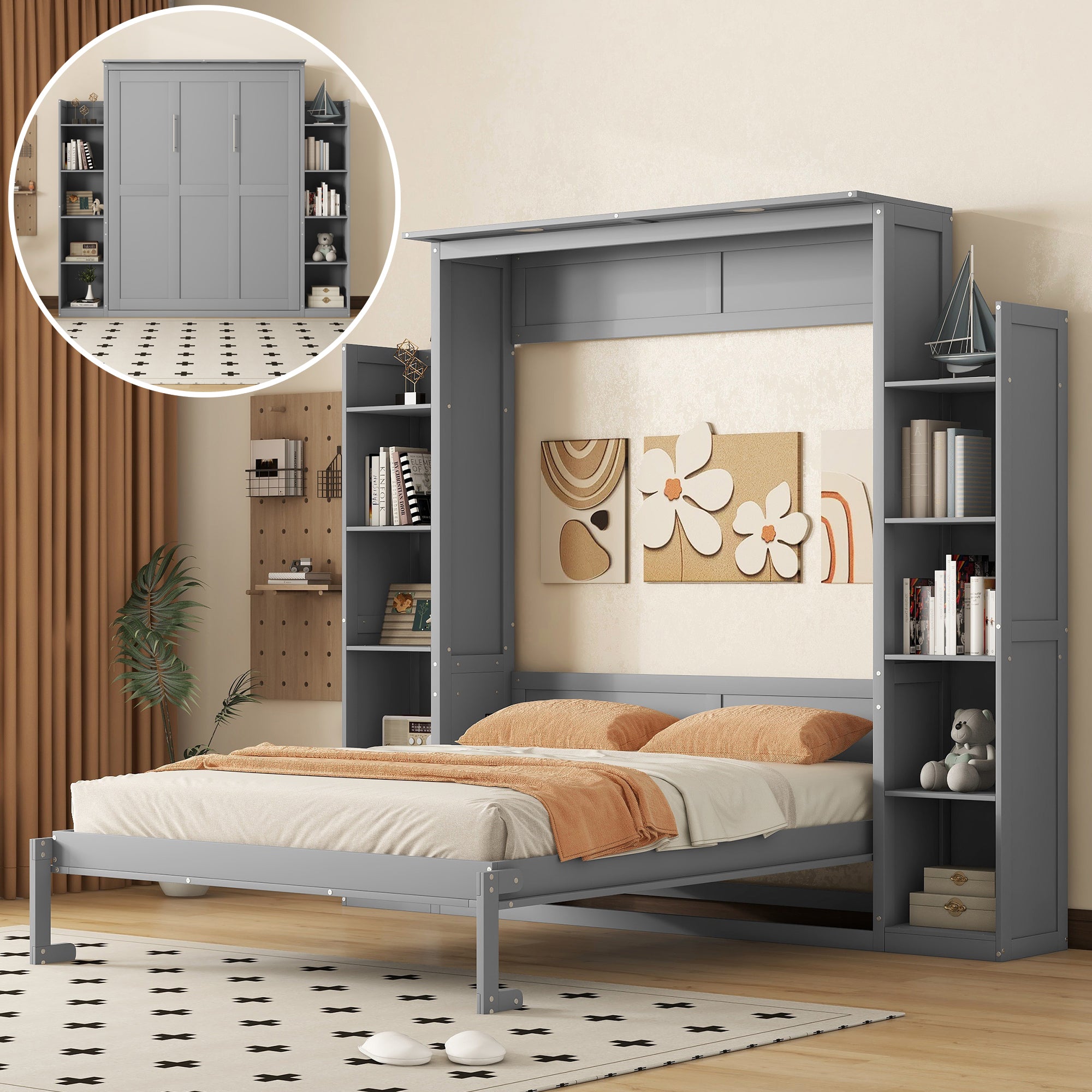 Wall Bed with Storage Shelves and LED Lights, Gray