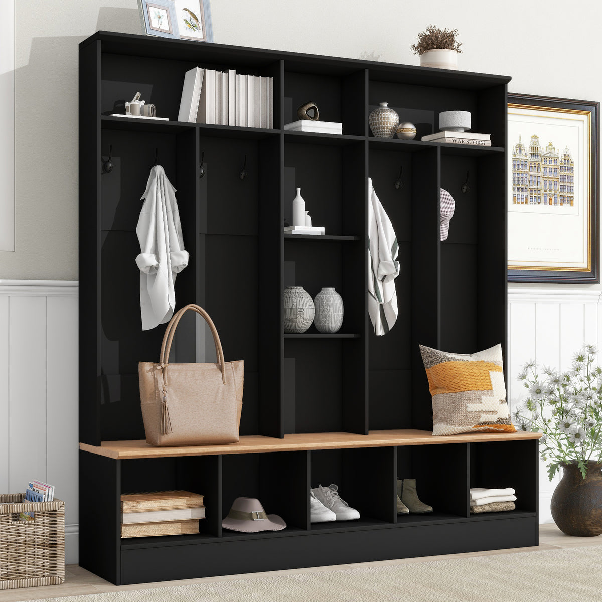 Black Hall Tree with Bench and Shoe Storage, 66.9 in Wide