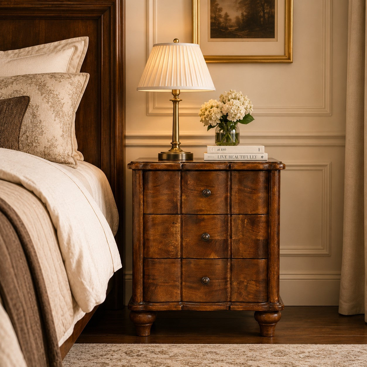 3-Drawer Nightstand, Wood, Bun Feet, Brown