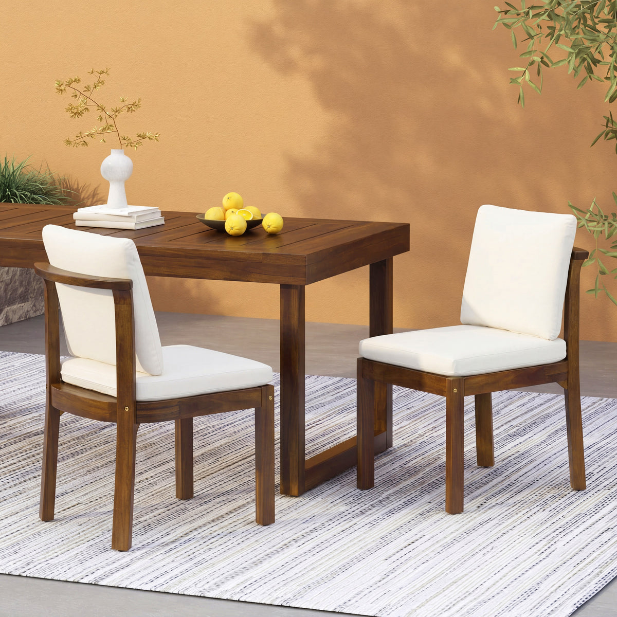 Brown Solid Wood Outdoor Dining Chair with Cream Cushions, Set of 2