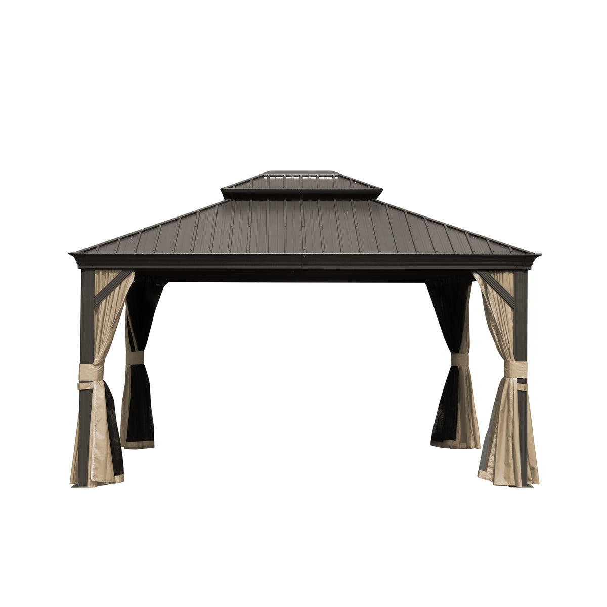 10x12 ft Brown Aluminum Hardtop Gazebo with Netting and Curtains