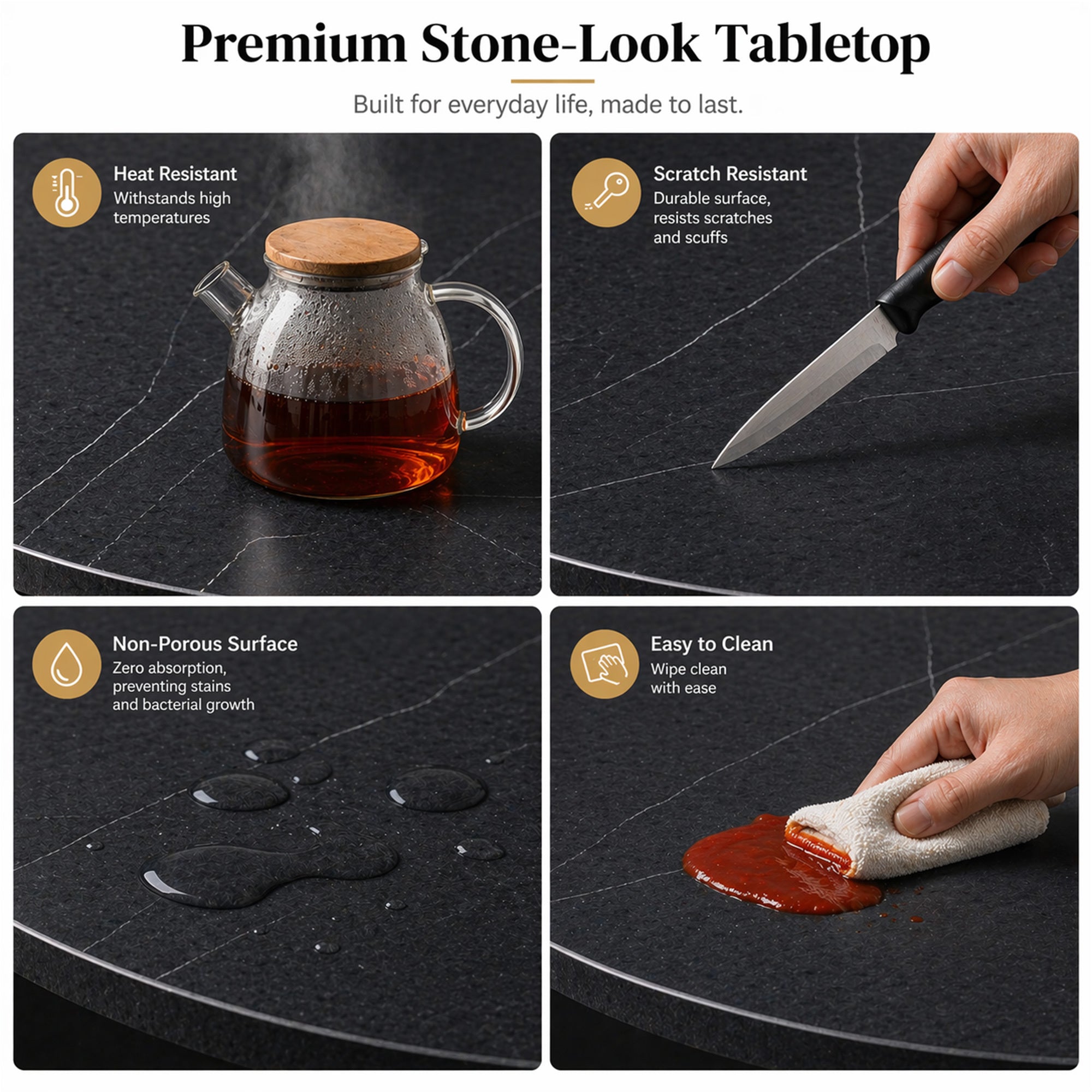 Feature graphic showing the stone-look top as heat resistant, scratch resistant, non-porous and easy to clean