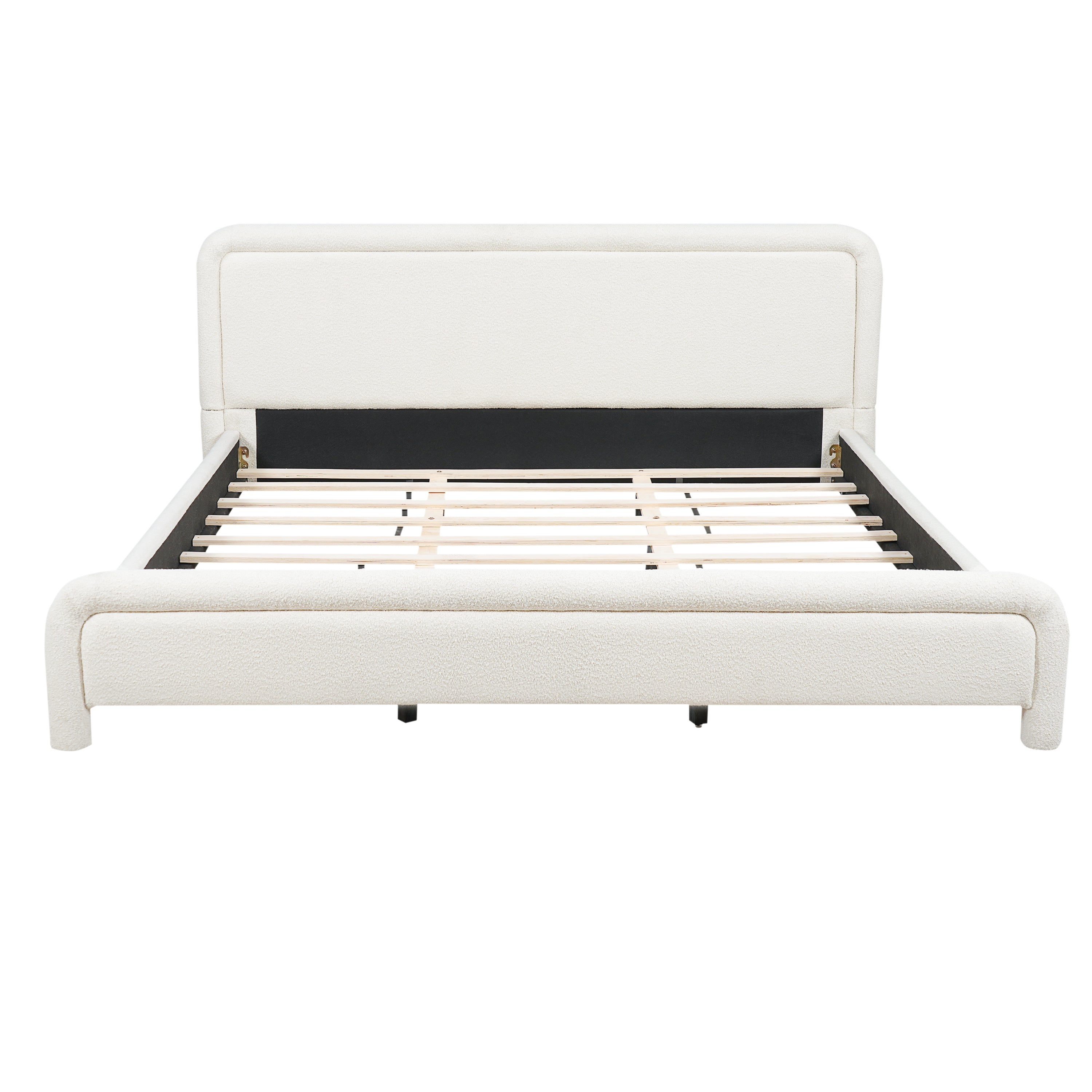Front view of white boucle king bed frame showing rounded footboard