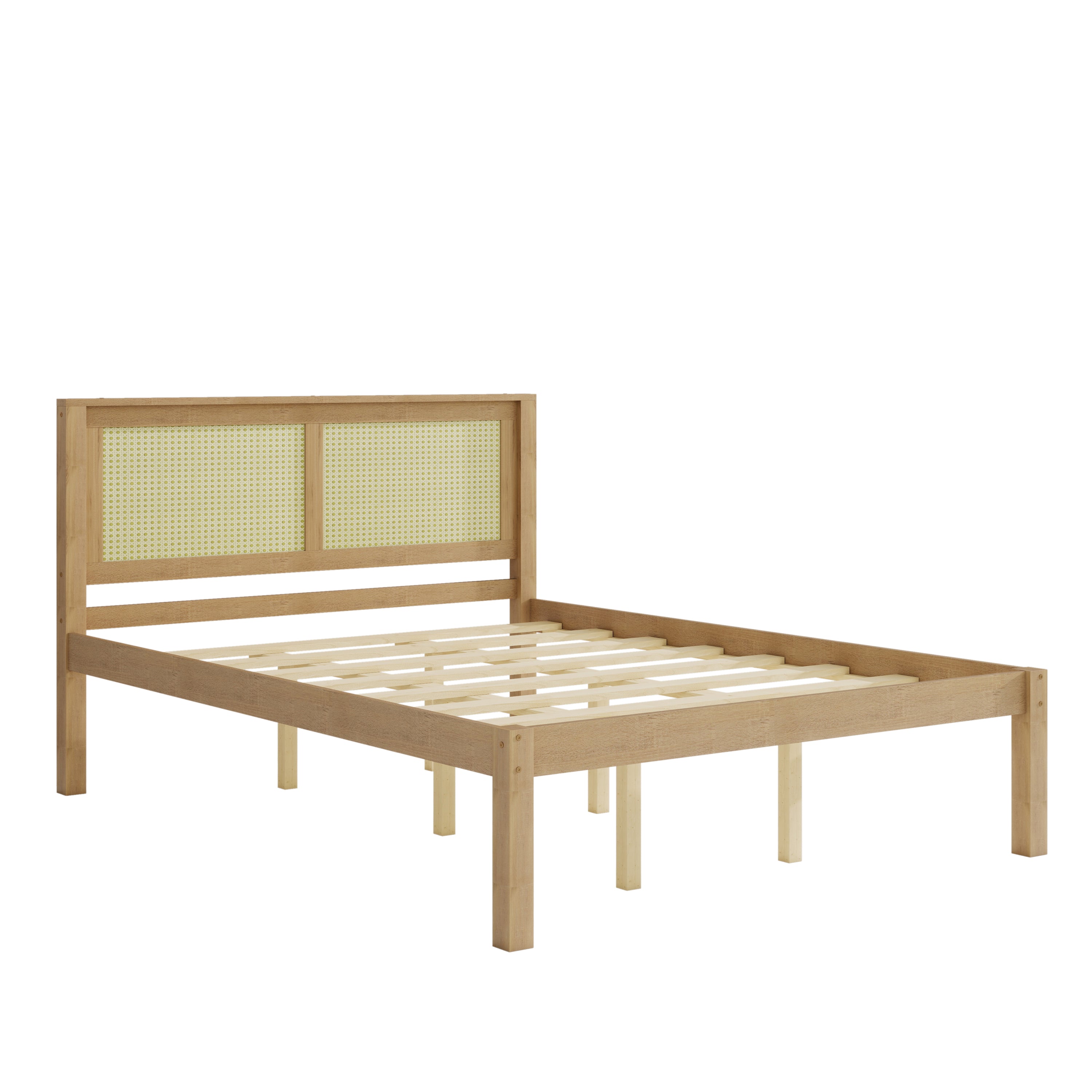 Close-up of the two natural rattan cane panels set in the solid wood headboard