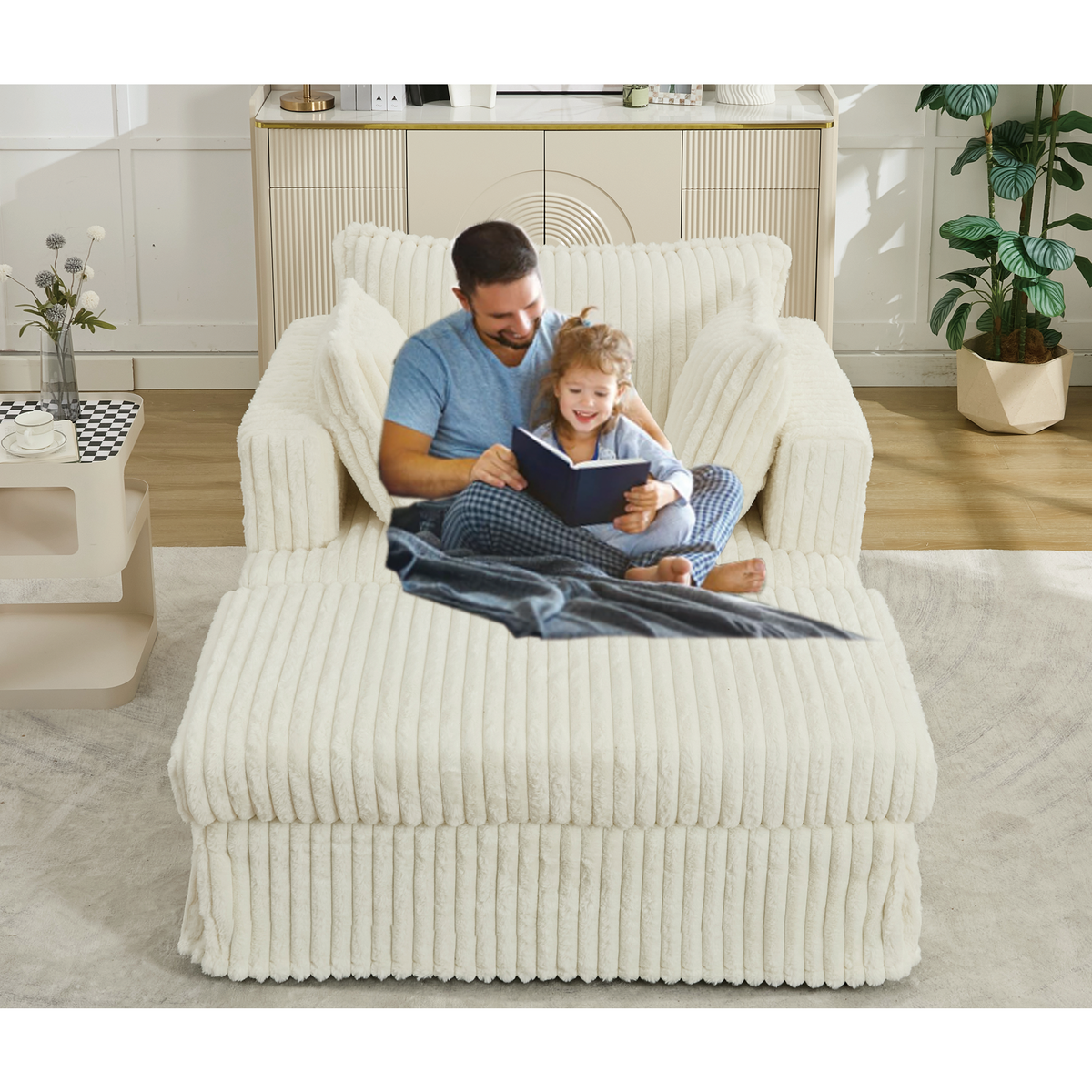 Beige Corduroy Chaise Lounge Chair with Ottoman