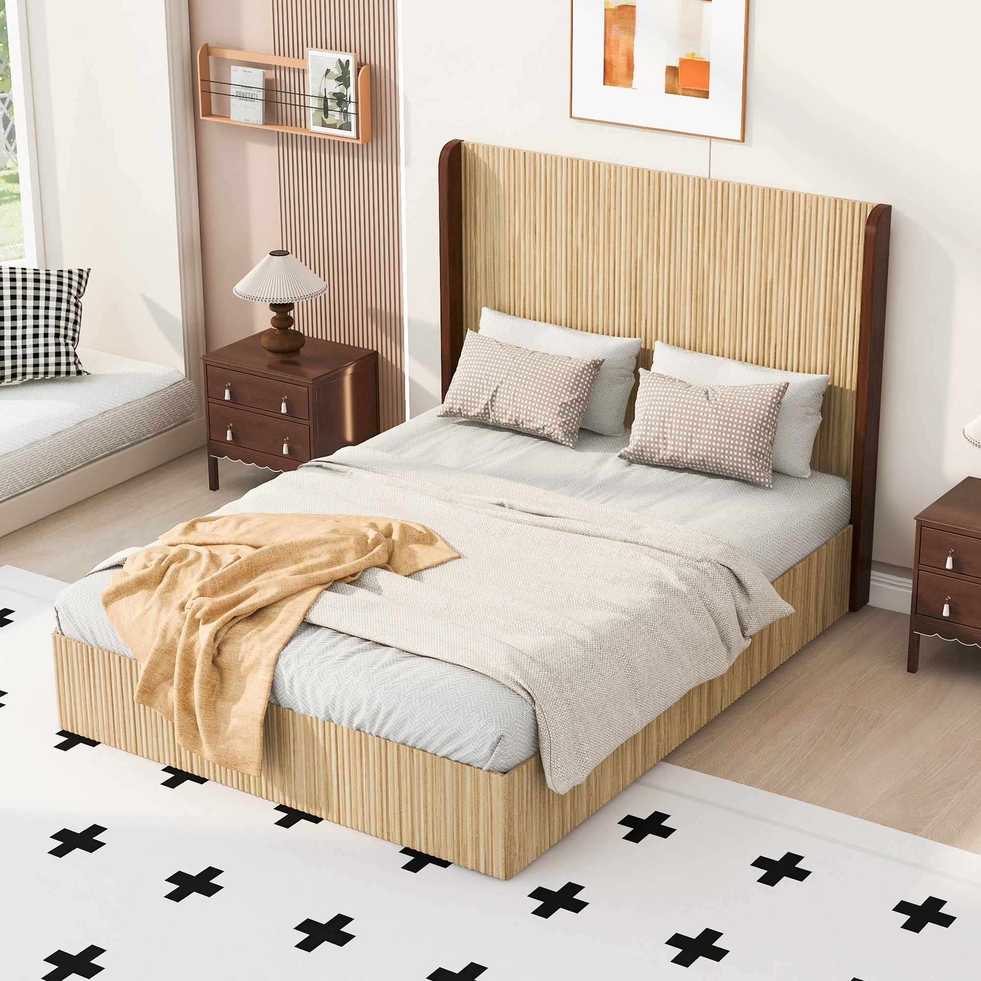 Overhead angle of the natural wingback bed with vertical-grid headboard and matching low platform base