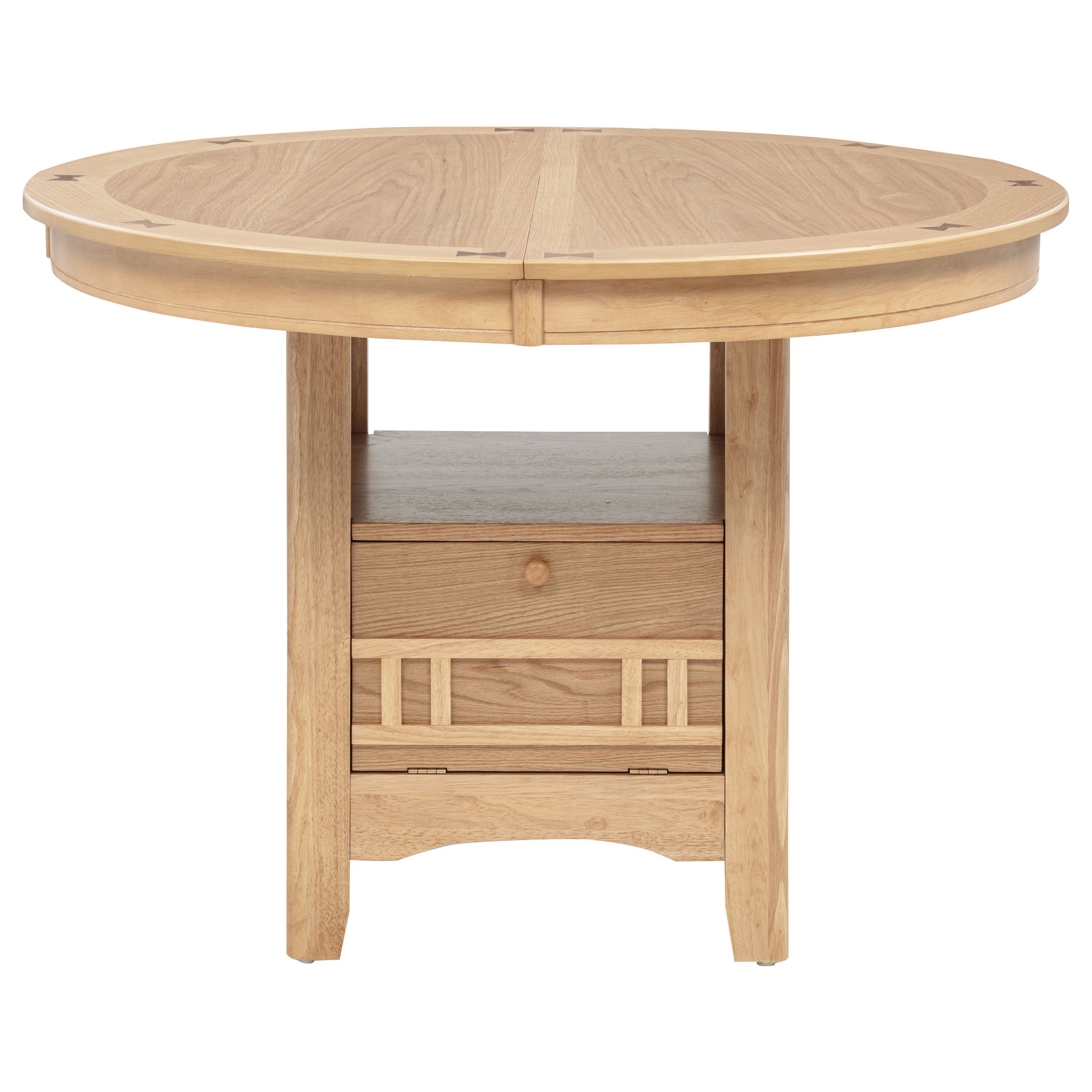 Light oak round dining table, front elevation on white studio background