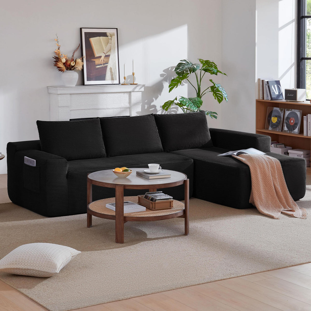 Black Corduroy L-Shaped Modular Sectional, 96.9 in Wide, Right-Facing