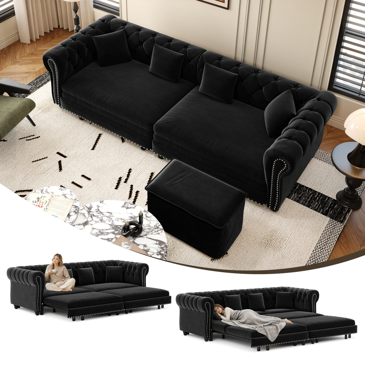 Black Velvet 3-Seat King Sleeper Sofa with Ottoman, 89 in Wide