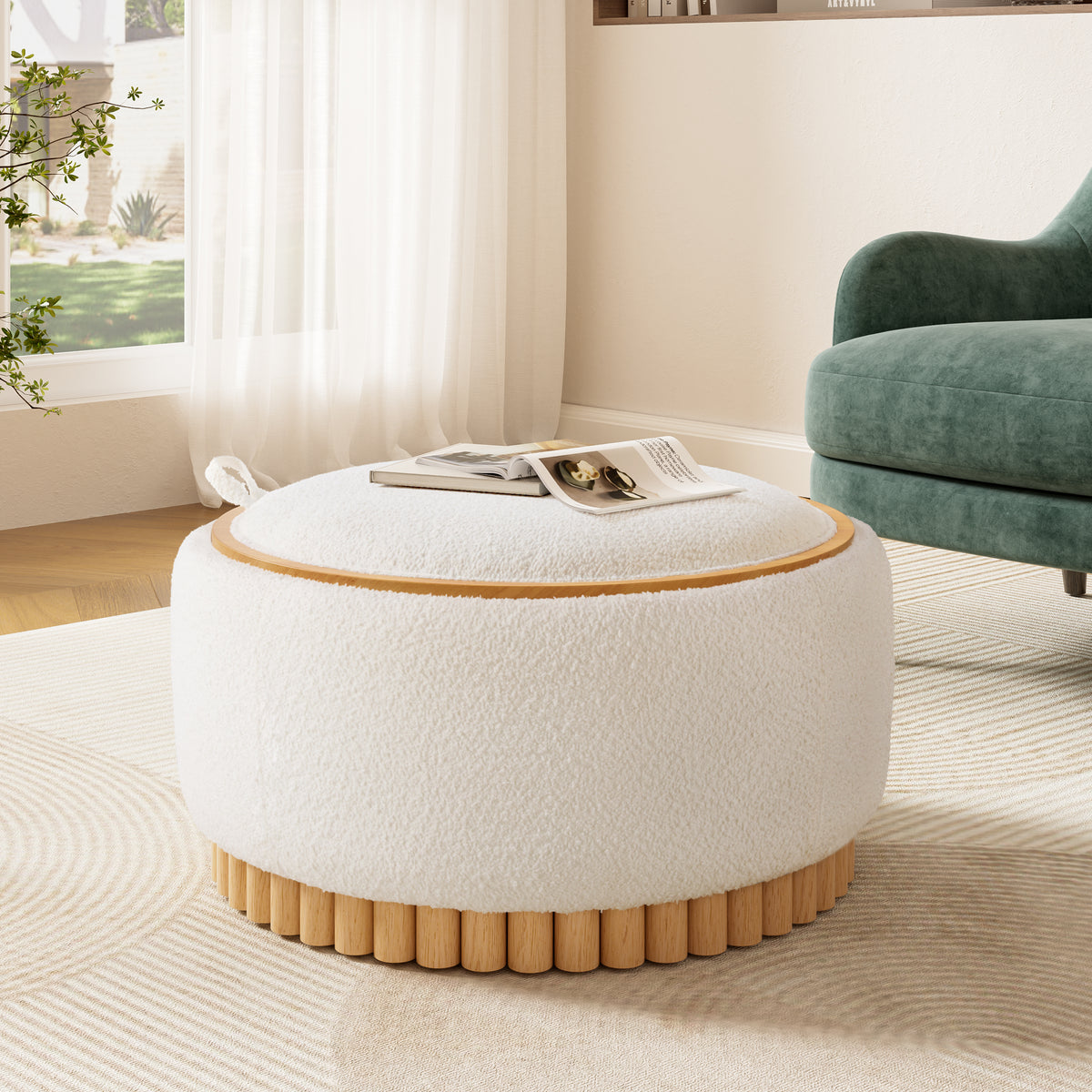 Beige Chenille Round Storage Ottoman, Coffee Table, 29 in