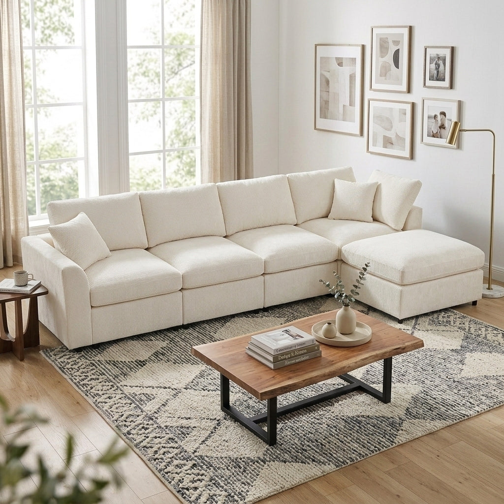 Beige Chenille Modular Sectional Couch with Ottoman, 130.3 in Wide