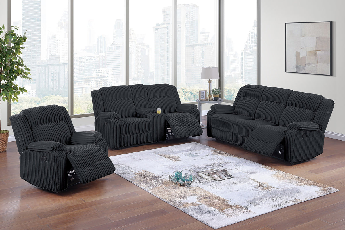 Black Corduroy 3-Piece Reclining Living Room Set with Console