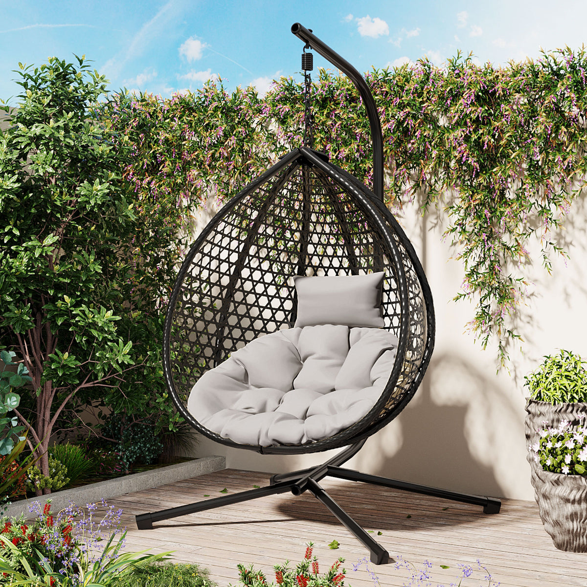 Wicker Hanging Egg Chair with Stand, Black and Gray