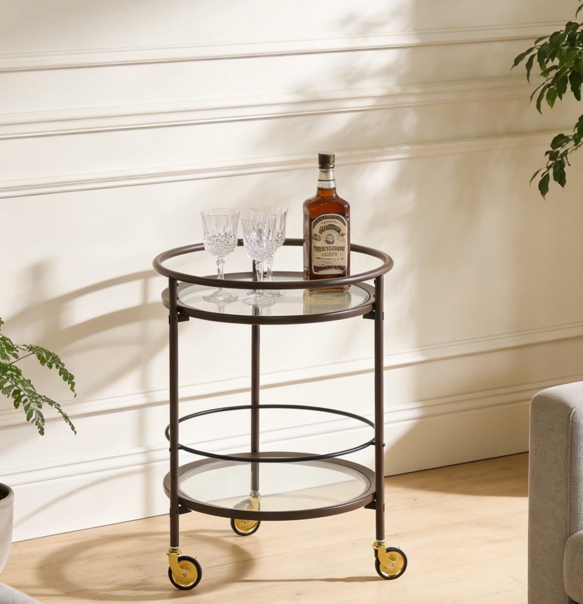 Round 2-Tier Bar Cart, Coffee Brown with Gold Locking Casters