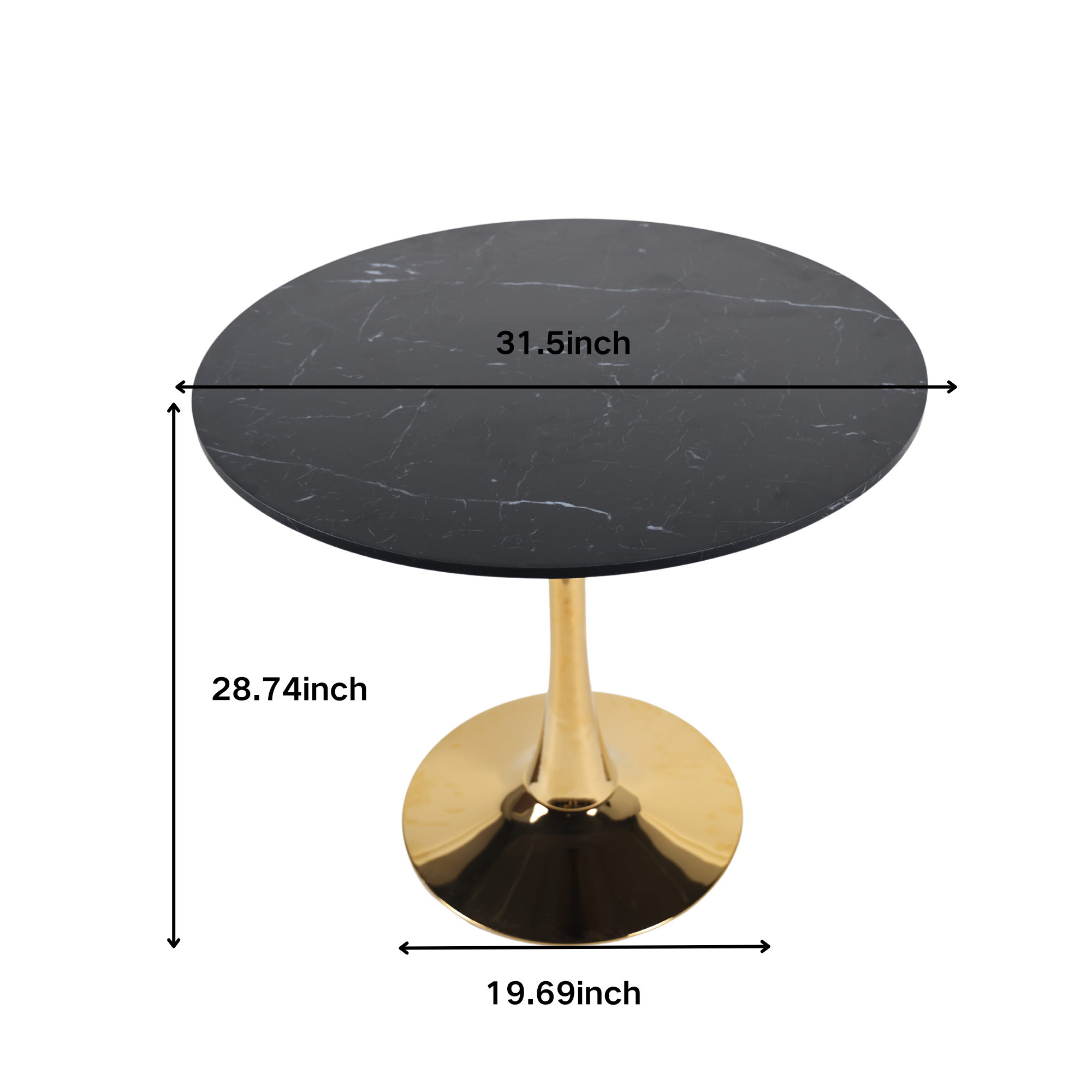 Dimension diagram of the tulip dining table showing a 31.5 inch top and 28.74 inch height