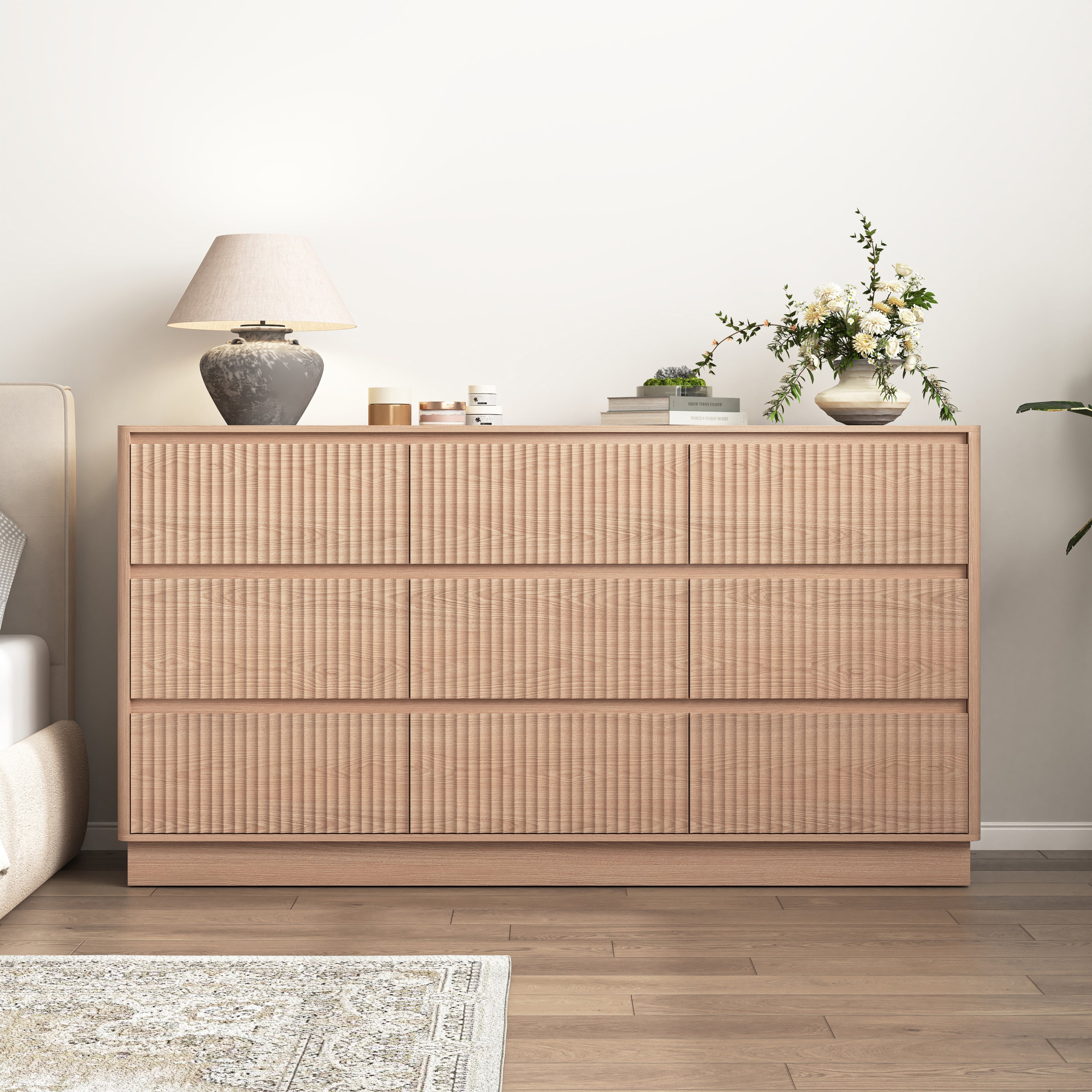 Mid Century 9 Drawer Dresser, 59in Wide, Natural