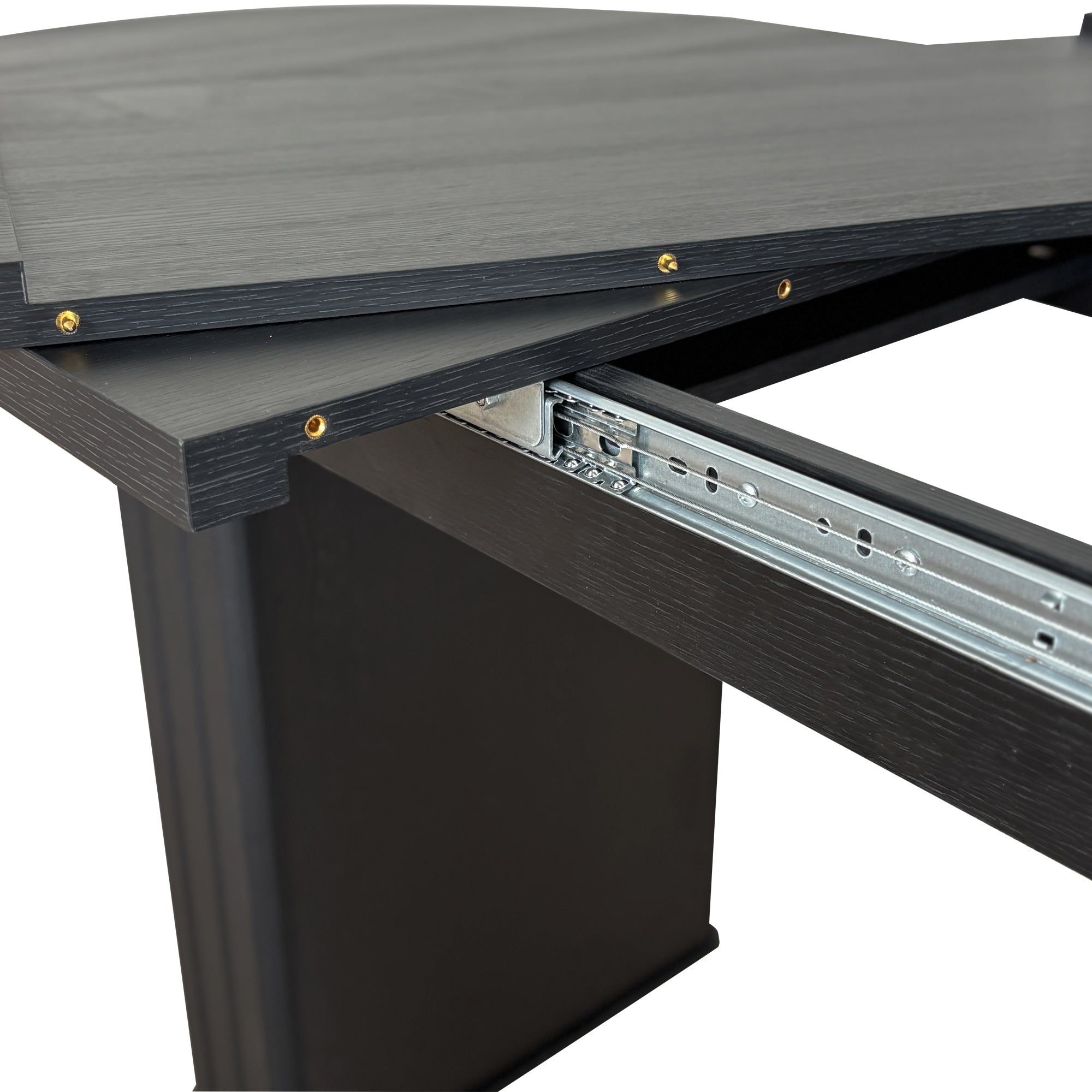 Close-up of the extension slide rail mechanism beneath the pedestal on a white background