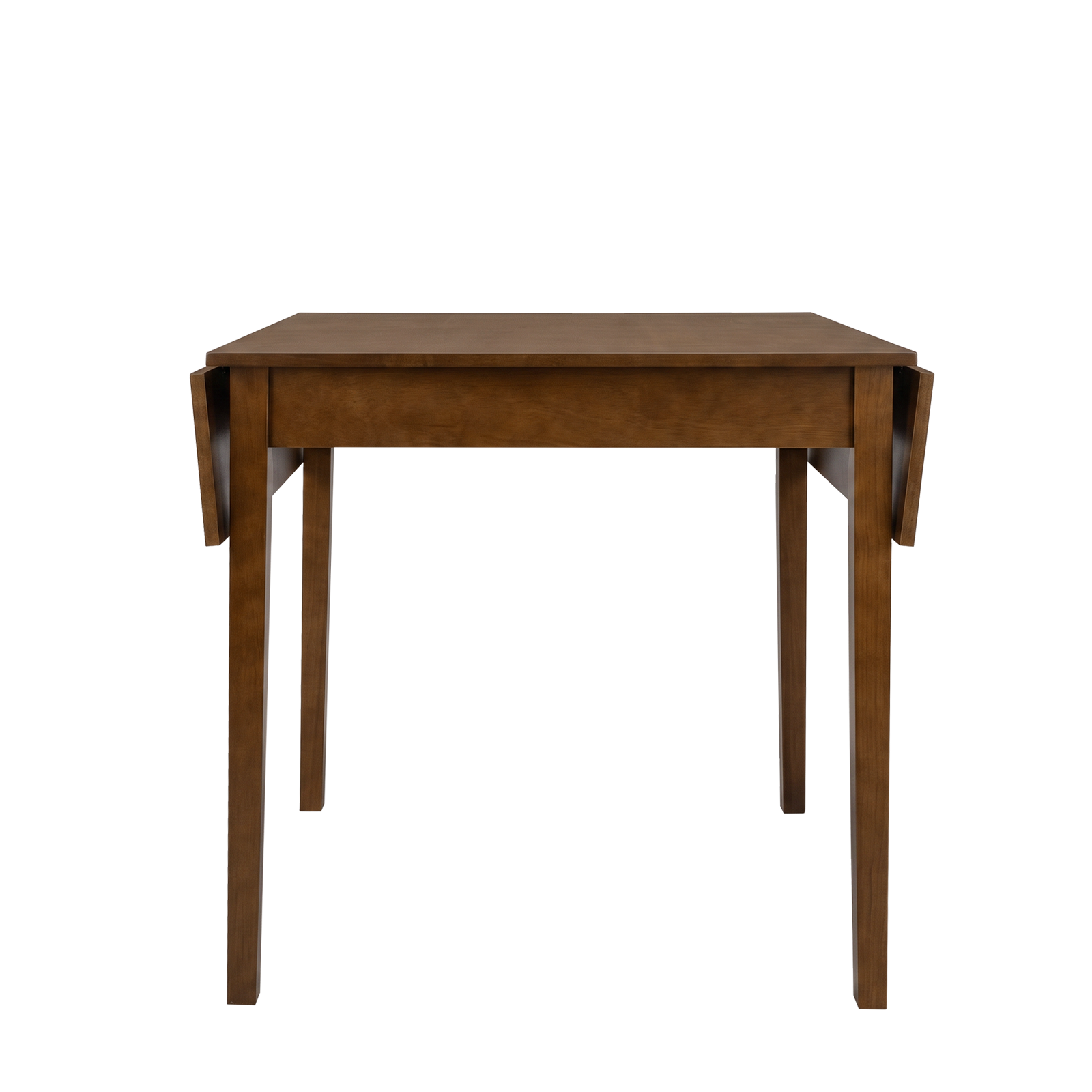 Walnut drop-leaf dining table with both leaves folded down on a plain white background, front view