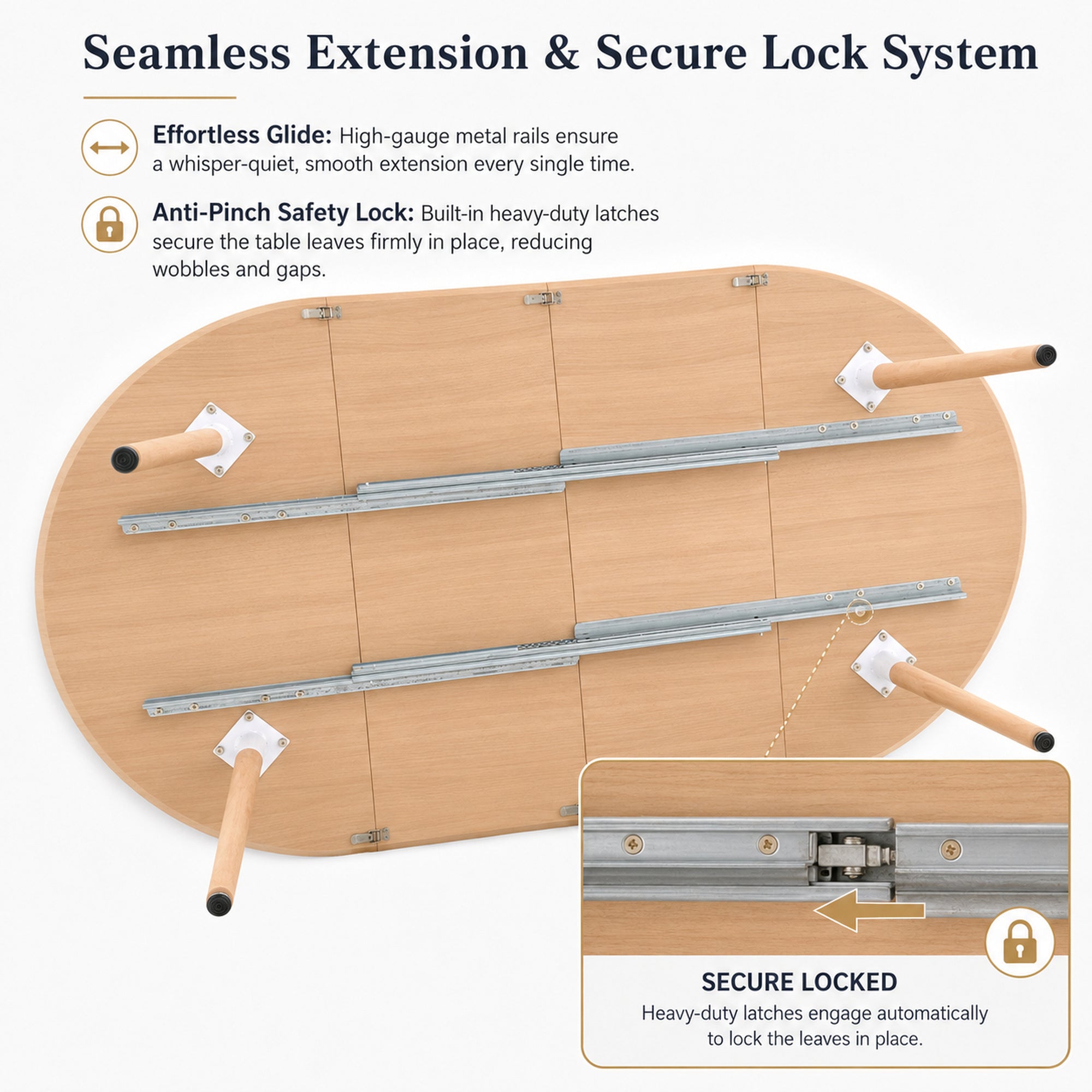Feature graphic of the table underside showing metal extension rails and anti-pinch safety latches