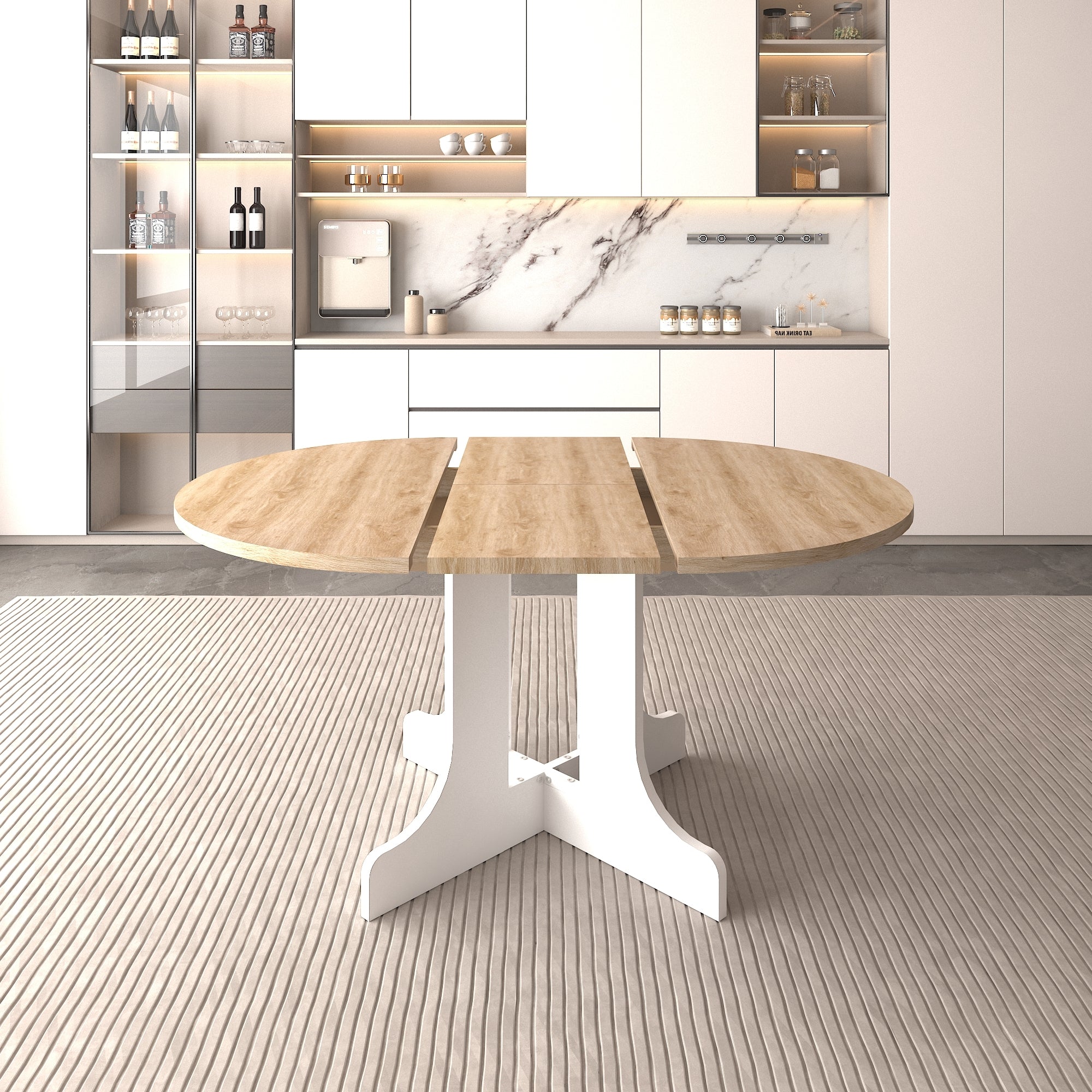 Oak-top dining table with white base mid-extension, the center leaf partly inserted, in a kitchen