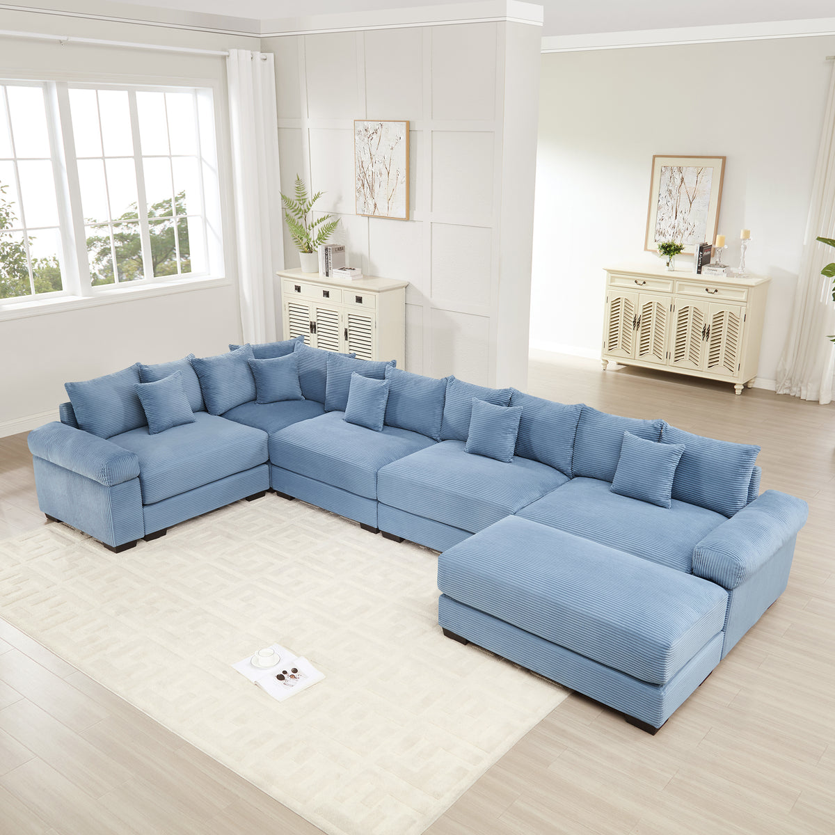Blue Corduroy Modular Sectional with Ottoman, 5-Seat