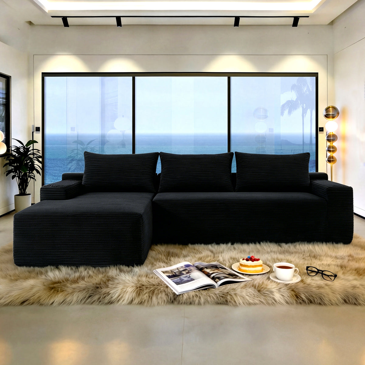 Black Corduroy L-Shaped Modular Sectional, 96.9 in Wide, Left-Facing