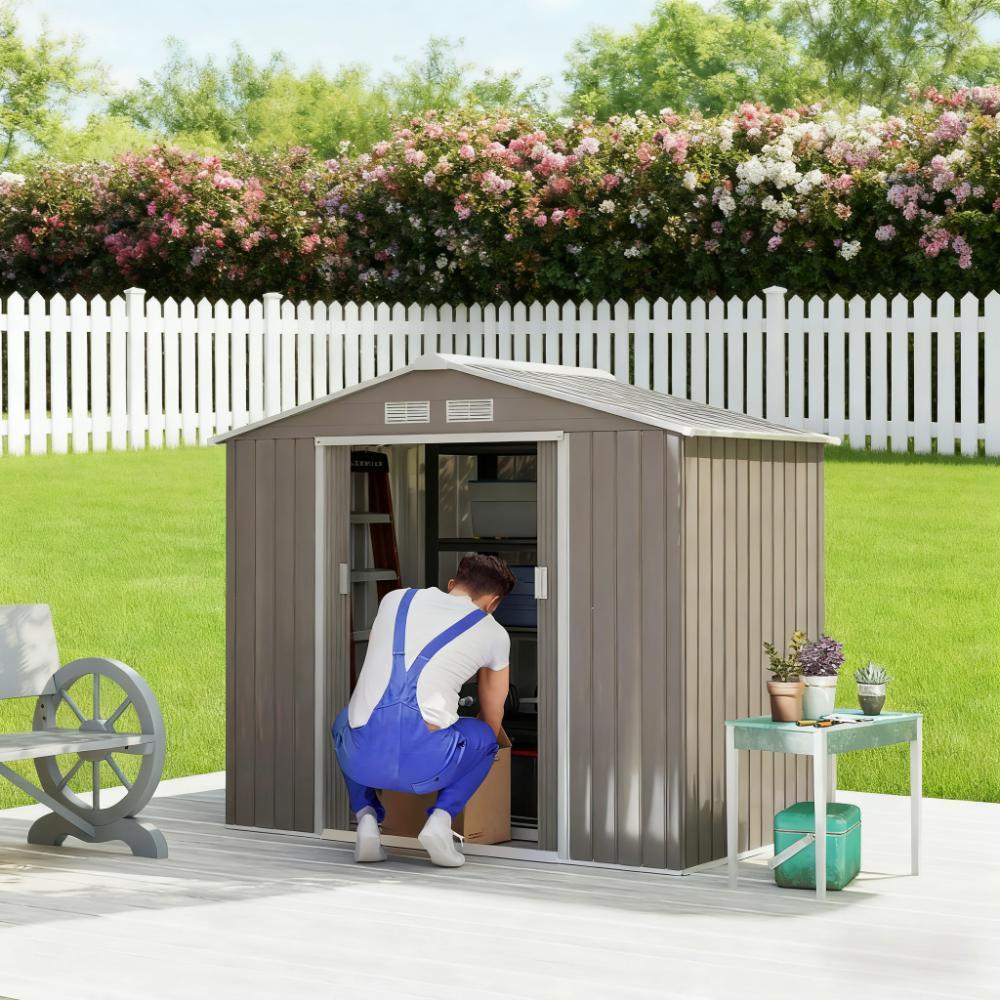 Gray Metal Storage Shed, Sloped Roof