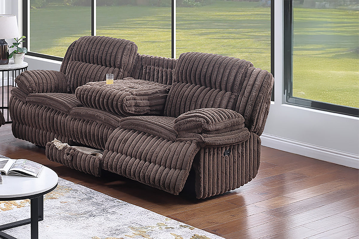 Chocolate Corduroy Reclining Sofa, USB Charging, 93 in Wide