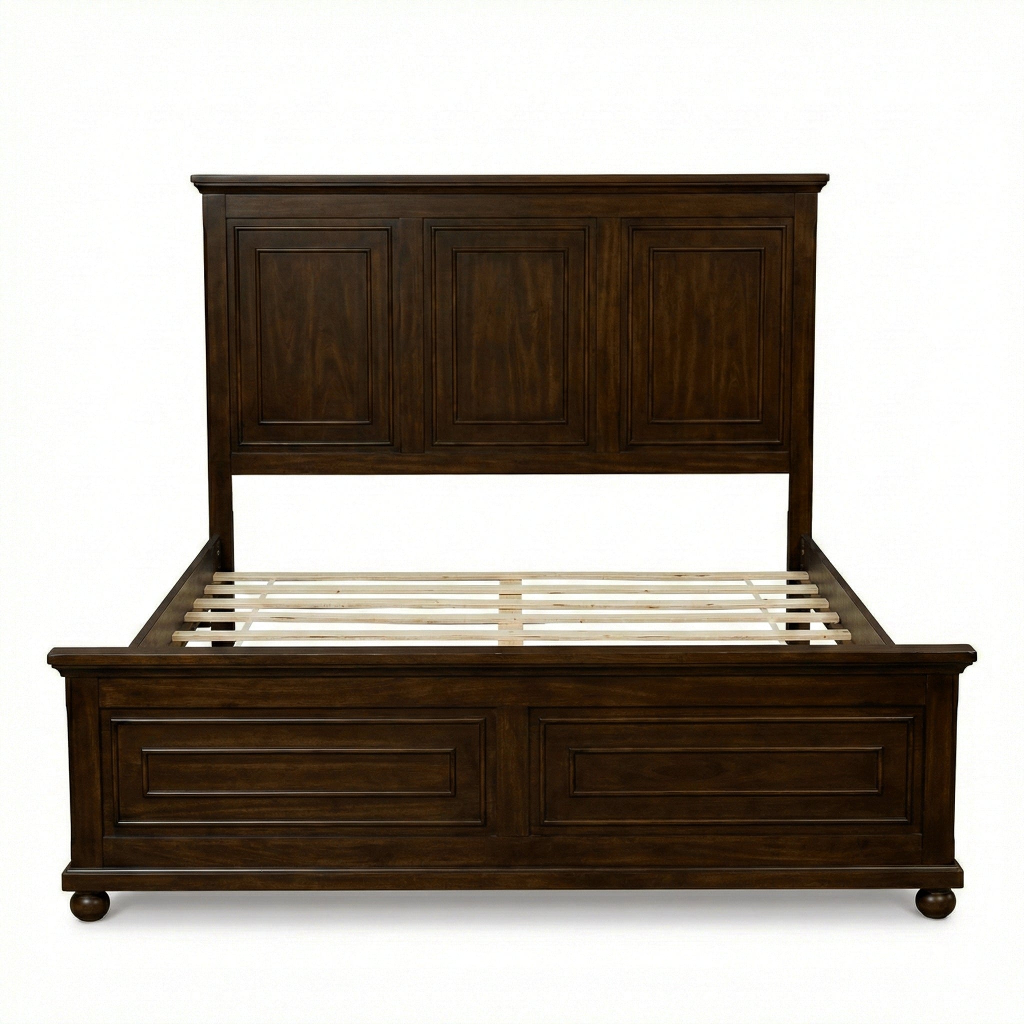 Front view of the bare brown queen bed frame with exposed wood slats between panel headboard and footboard