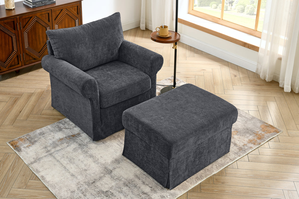 Gray Chenille Accent Chair with Ottoman