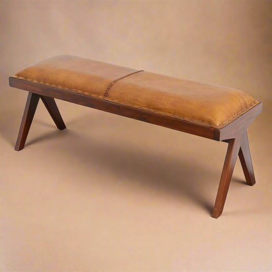Tan Leather Bench – Solid Wood Frame with Tapered Legs
