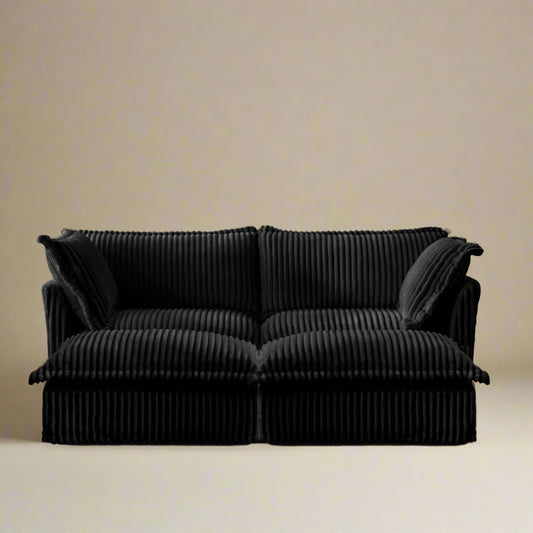 Fluffy Corduroy 2-Seat Sofa – Black with 2 Ottomans, Washable