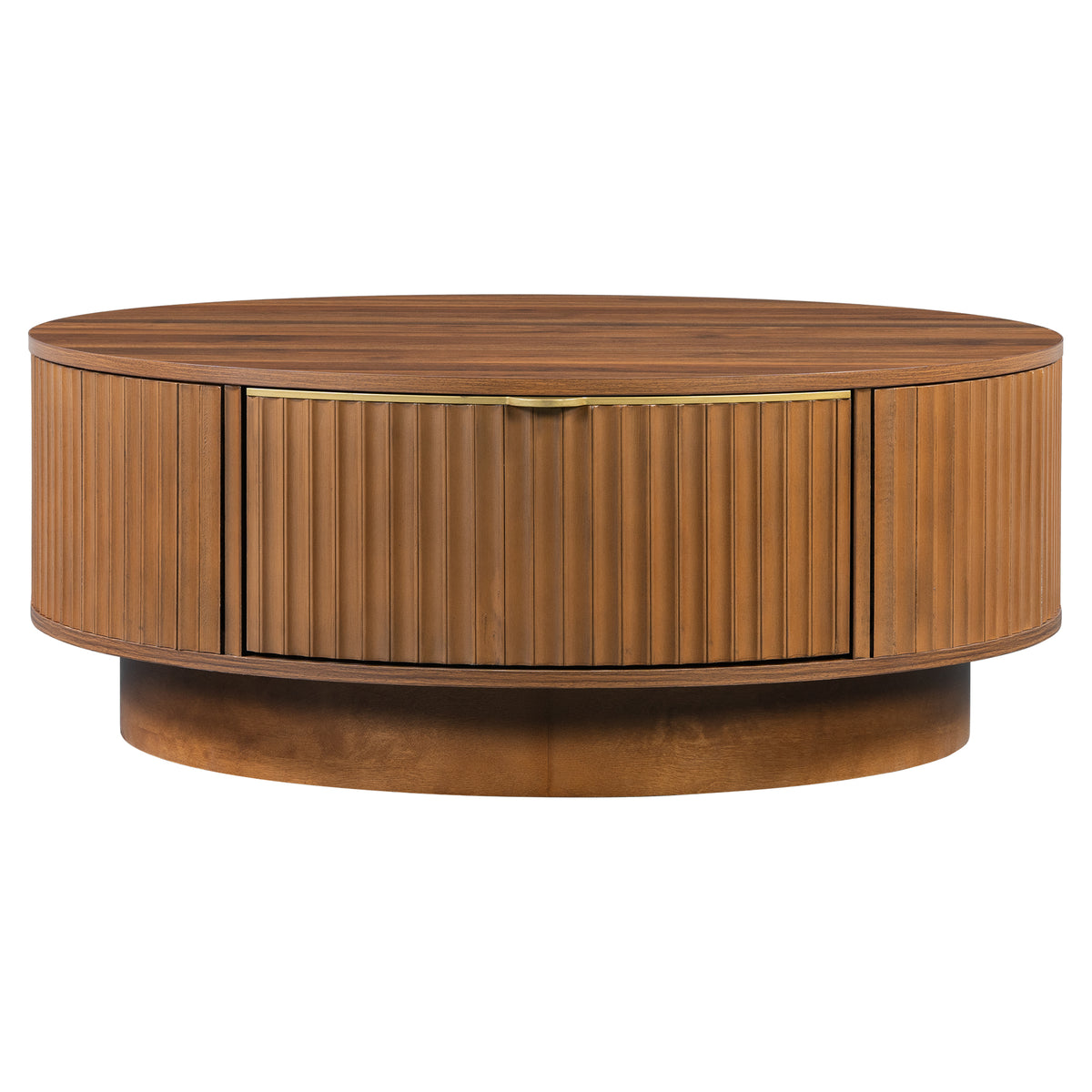 Brown Round Fluted Coffee Table with Storage, 35.4 in