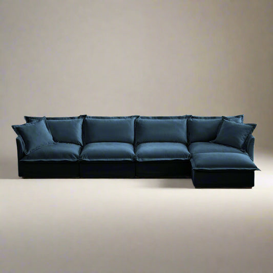 Fluffy Chenille 4-Seat Couch – Navy with Ottoman, Washable