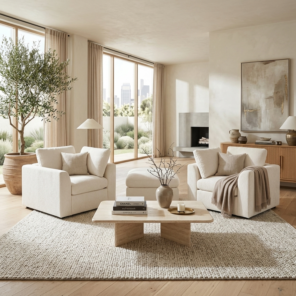 Beige Chenille Accent Chairs with Ottoman, 3-Piece Set