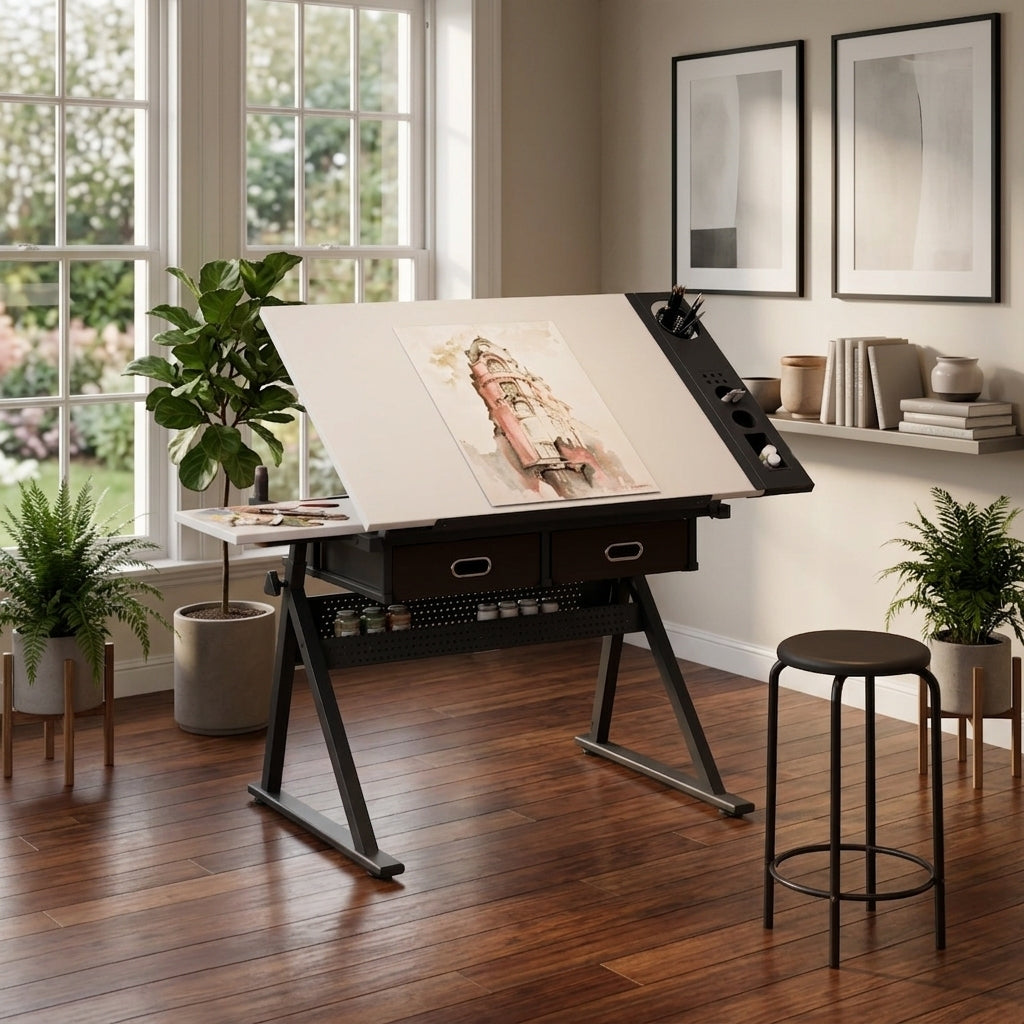 Drafting Table with Drawers, 38.6 in, White, 23.62 in Deep