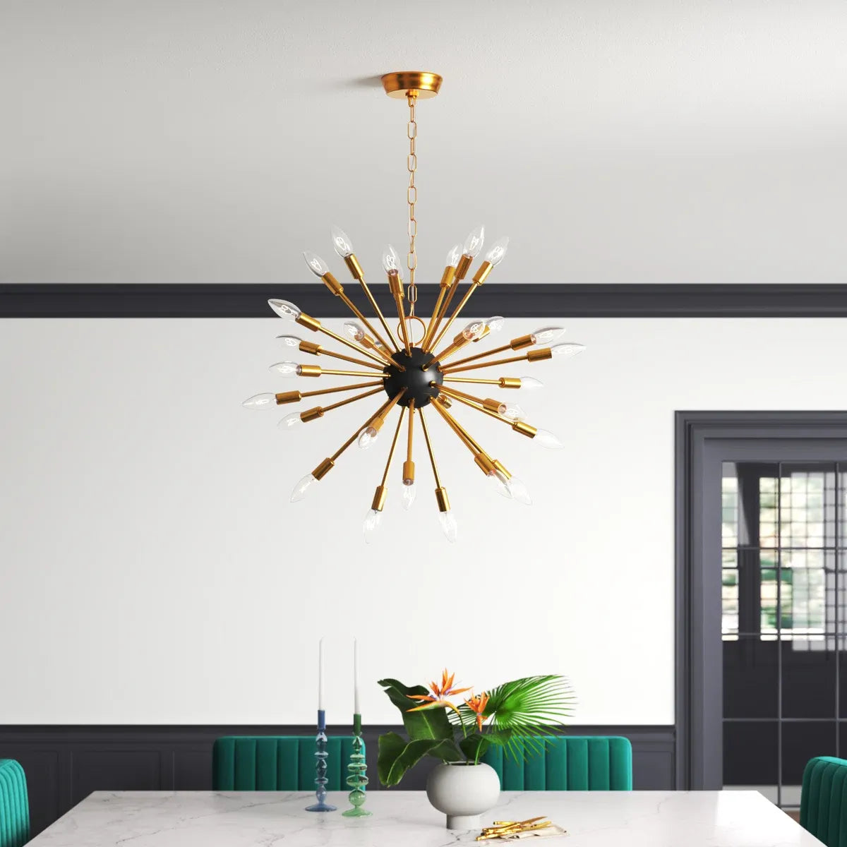 Chandelier, 8-Light Sputnik Style Metal, Golden Black Finish