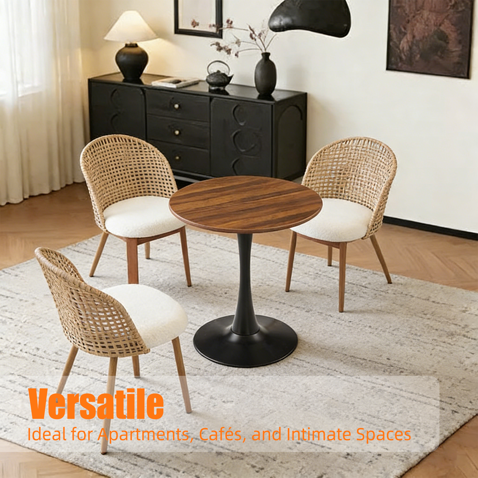 Dark wood-grain round bistro table in a styled room with three woven rattan chairs